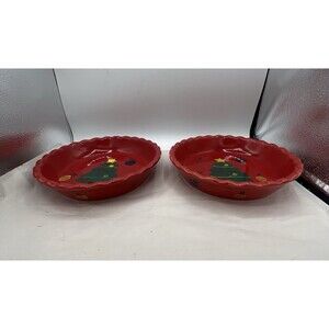 2 Michaels Christmas Red 9" Pie Plate Ruffled Fluted Edge Hand Painted Tree